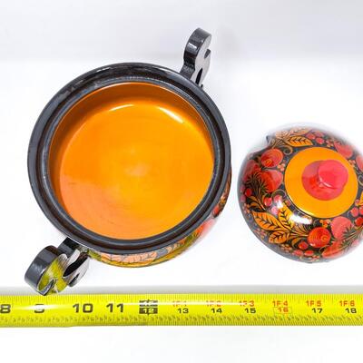 RUSSIAN KHOKHLOMA SMALL LIDDED POT W/ SPOON - WOODEN