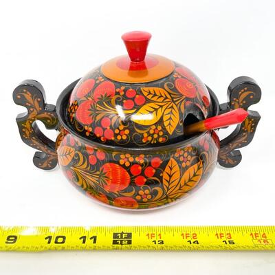 RUSSIAN KHOKHLOMA SMALL LIDDED POT W/ SPOON - WOODEN