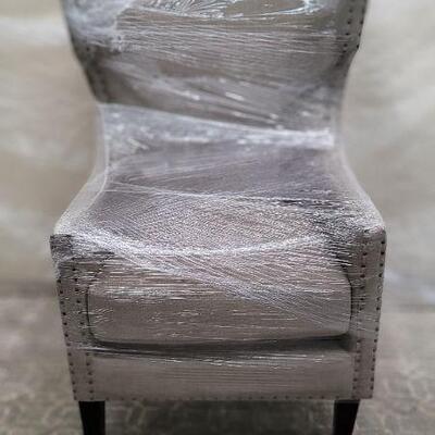 GREY LINEN WING CHAIRS $390 EACH (2 AVAIL) H46. W28  D30 - 2 Avail 