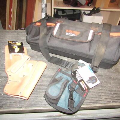 LOT 44  CANVAS TOOL BAG, LEATHER DRILL HOLSTER AND CANVAS BELT BAG