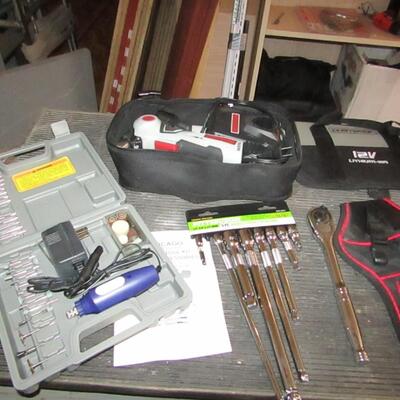 LOT 45  ROTARY TOOL, WOBBLE SOCKET EXTENSIONS, CORDLESS SCREWDRIVER AND MORE