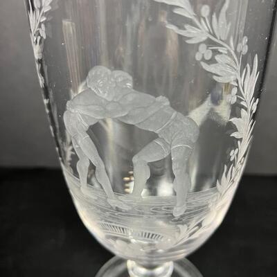 175. Antique Late 18th Century Handblown Etched Vase with Fighters