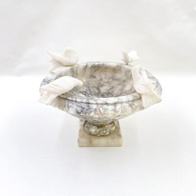 SMALL STONE BIRD BATH W/ CARVED BIRDS