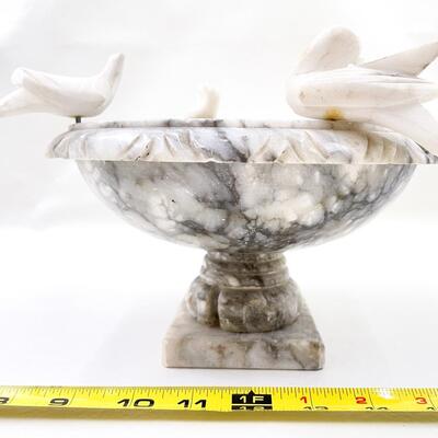 SMALL STONE BIRD BATH W/ CARVED BIRDS