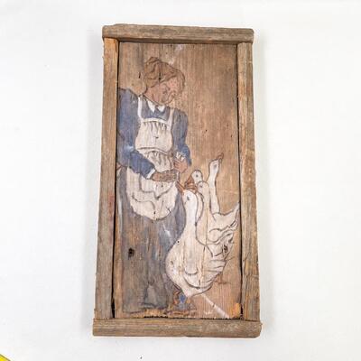 1984 WOMAN W/ GEESE PRIMITIVE ART ON WOOD - SIGNED â€œS. SIMMONSâ€