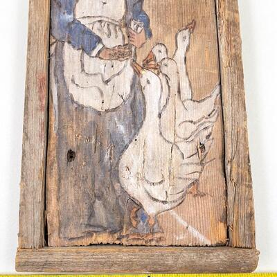 1984 WOMAN W/ GEESE PRIMITIVE ART ON WOOD - SIGNED â€œS. SIMMONSâ€