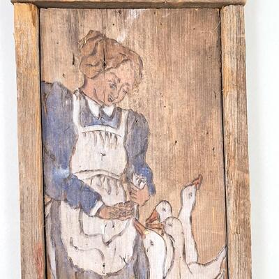 1984 WOMAN W/ GEESE PRIMITIVE ART ON WOOD - SIGNED â€œS. SIMMONSâ€