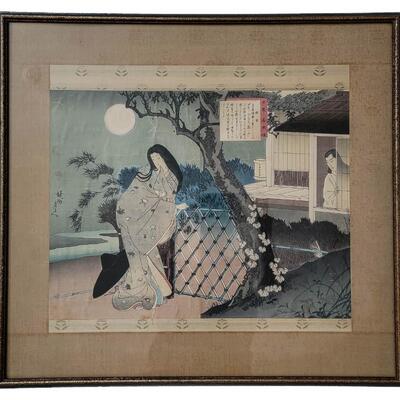 Japanese woodblock on silk hand painted Chikanobu