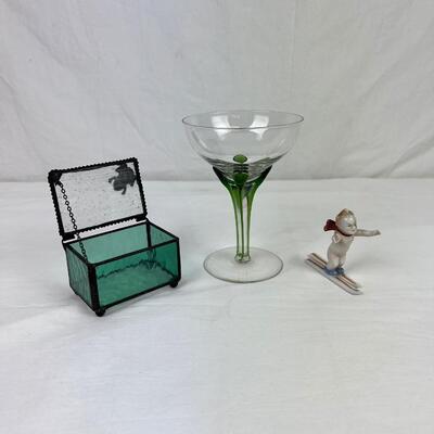 200 Green Glass Trinket box, Child on Skies, Champagne Glass