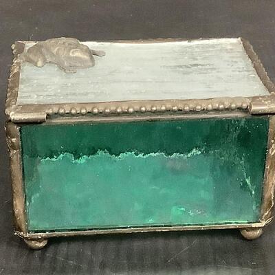200 Green Glass Trinket box, Child on Skies, Champagne Glass
