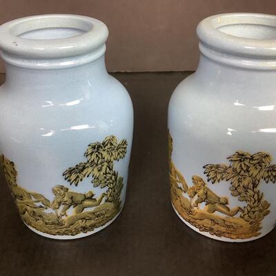 202  Pair of Antique Blue Glaze Pottery Prattware Mustard Jars