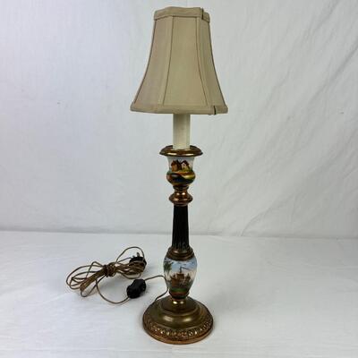 207. Antique Handpainted Porcelain Scenic Candlestick Lamp