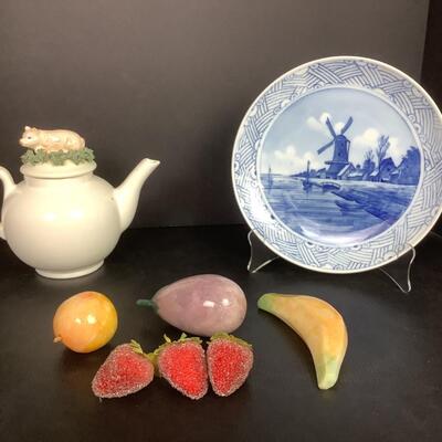 210  Delft Porcelain Plate, 1982 â€œ Pig â€œ Teapot, Marble Fruit