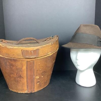 212. Antique Leather English Hat Box &  Vintage Felt Hat