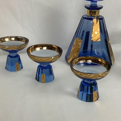 215. Antique Bohemian Blue Glass Decanter & Glass Set