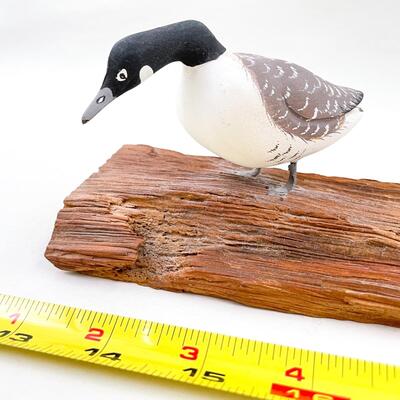 SMALL GOOSE ON LOG WOODEN SCULPTURE
