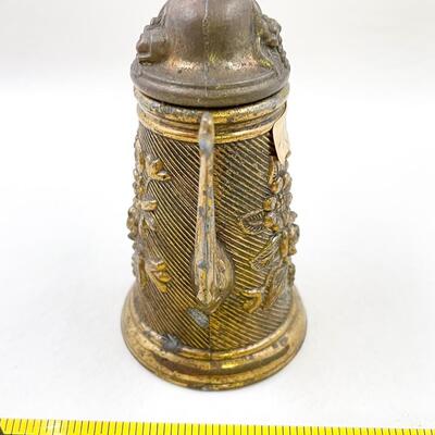 VINTAGE SMALL DECORATIVE BRASS FLORAL STEIN PITCHER
