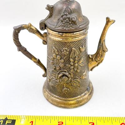 VINTAGE SMALL DECORATIVE BRASS FLORAL STEIN PITCHER