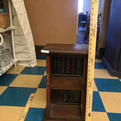 wood shelf: small two tiered shelf, painted, wood, brackets for hanging;