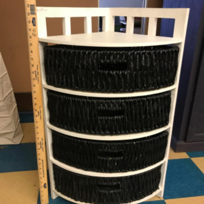 furniture:1 White wood and black painted wicker corner shelf with 3 drawers, as is- see photos;