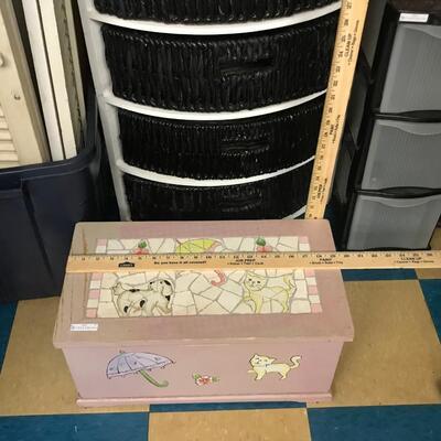 wood box storage: pink, functional, wooden storage box with mosaic, hinged & hydraulic lid, hand painted;