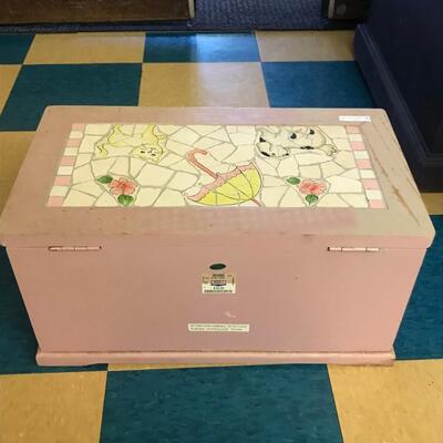 wood box storage: pink, functional, wooden storage box with mosaic, hinged & hydraulic lid, hand painted;