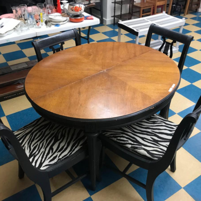 Furniture : vintage wood table with 4 chairs - covered w/ zebra print fabric. POSSIBLE DUNCAN PHYFE??;