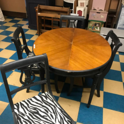 Furniture : vintage wood table with 4 chairs - covered w/ zebra print fabric. POSSIBLE DUNCAN PHYFE??;