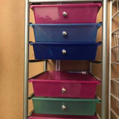 organization storage:1 Metal, Multi color, multi drawer rolling cart, as is, 3 drawers missing, one has damage, see photo;35" tall x 