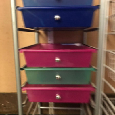 organization storage:1 Metal, Multi color, multi drawer rolling cart, as is, 3 drawers missing, one has damage, see photo;35" tall x 