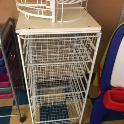 organization storage:Box Lot- Metal, Multi basket rack, has some superficial wear and tear on top that has no effect on function, see...