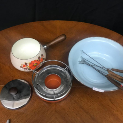kitchen:lot vintage blue enamel wash bowl, orange, brown, yellow, and ivory fondue pot with 6 forks;