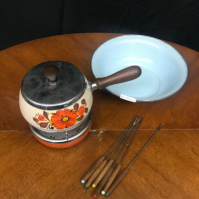 kitchen:lot vintage blue enamel wash bowl, orange, brown, yellow, and ivory fondue pot with 6 forks;