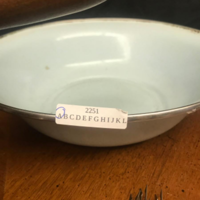 kitchen:lot vintage blue enamel wash bowl, orange, brown, yellow, and ivory fondue pot with 6 forks;