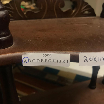 Furniture:1 ` vintage wood shelf with spindles, 5 shelves, holds collectibles, as-is, has damage, see photos;