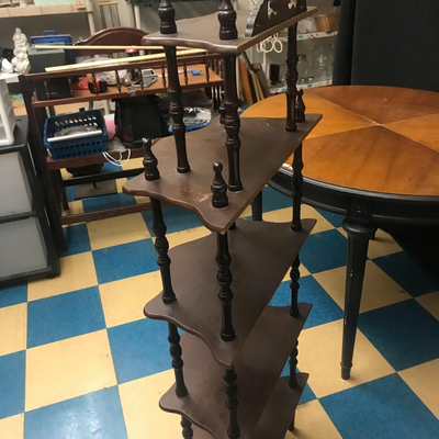 Furniture:1 ` vintage wood shelf with spindles, 5 shelves, holds collectibles, as-is, has damage, see photos;