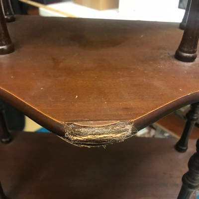Furniture:1 ` vintage wood shelf with spindles, 5 shelves, holds collectibles, as-is, has damage, see photos;