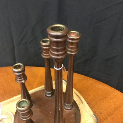 home decor :lot wood, resin, sterling and crystal candle holders and wood tray with silver accents;