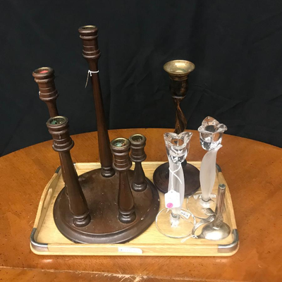home decor :lot wood, resin, sterling and crystal candle holders and wood tray with silver accents;