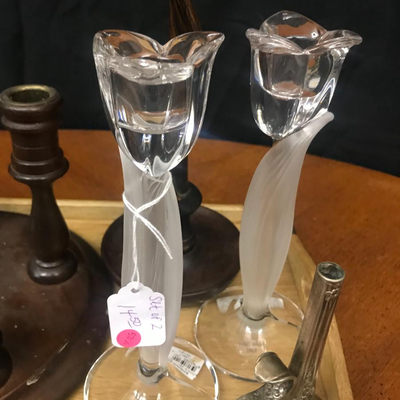home decor :lot wood, resin, sterling and crystal candle holders and wood tray with silver accents;