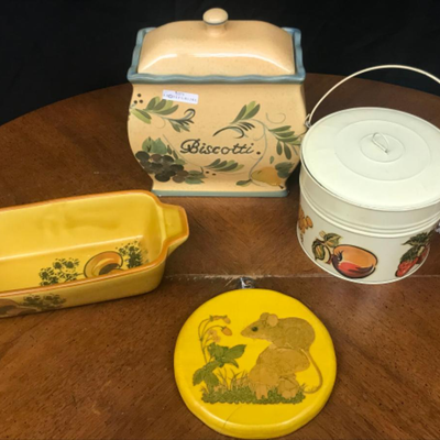 home decor:lot Biscotti cookie jar, vintage lunch pail, california pottery loaf pan, vintage mouse & mushroom hanging decor;