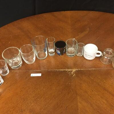 glassware: lot of assorted glasses, shot glasses, rocks glasses, ;