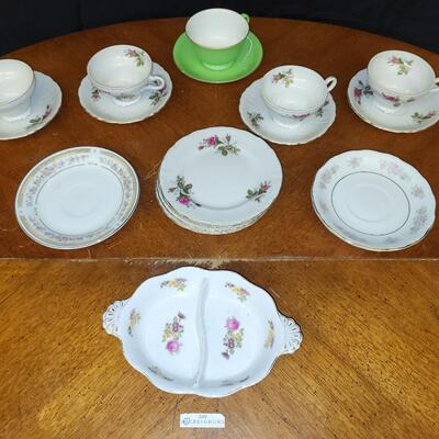 Serving Ware:Box Lot Assorted cups, saucers, serving dish;
