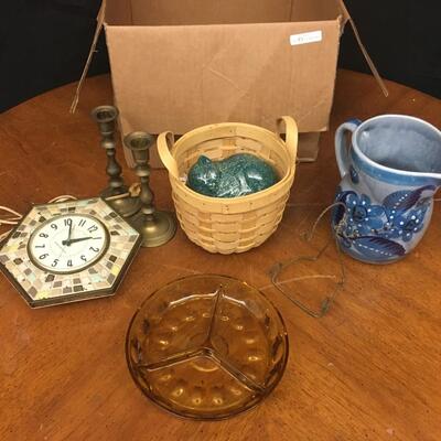 home decor:lot vintage wall clock (non working), vintage amber nut dish, sleeping cat figurine, Longaberger basket, blue pottery pitcher,...