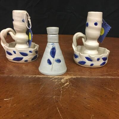 pottery : bud vase and 2 candlesticks, handmade pottery;