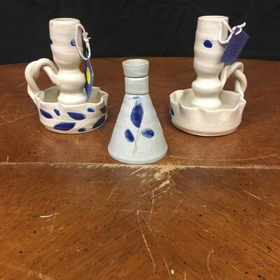 pottery : bud vase and 2 candlesticks, handmade pottery;