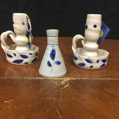 pottery : bud vase and 2 candlesticks, handmade pottery;