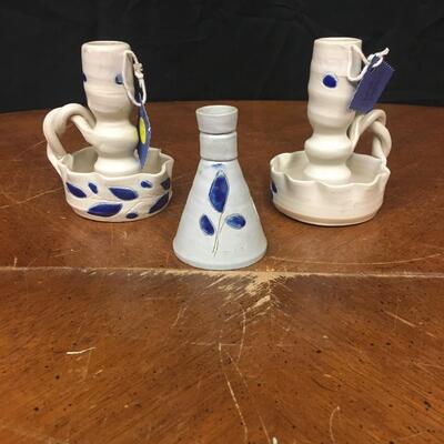 pottery : bud vase and 2 candlesticks, handmade pottery;