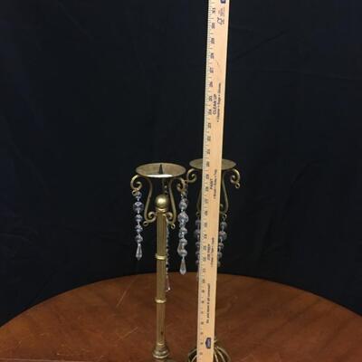 home decor:2 gold painted candle holders with hanging crystals;