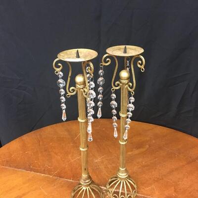 home decor:2 gold painted candle holders with hanging crystals;